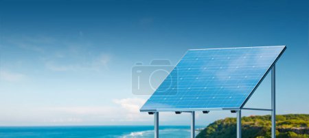 Téléchargez les photos : Un panneau solaire par temps clair avec un ciel bleu et un océan en arrière-plan, illustrant les énergies renouvelables. Rendu 3D - en image libre de droit