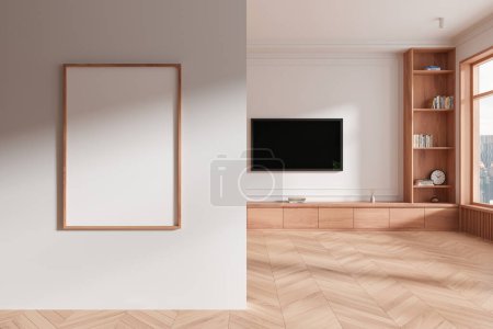 Téléchargez les photos : Cadre d'affiche vide sur un mur dans un salon intérieur moderne avec des détails en bois et fond clair, concept de décoration intérieure. Rendu 3D - en image libre de droit