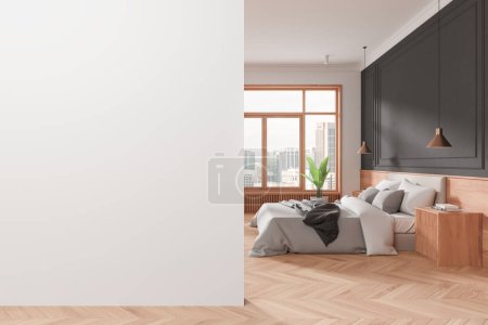 Cozy home bedroom interior with bed, nightstand with decoration and plant on hardwood floor. Sleep room with panoramic window on Kuala Lumpur. Mock up empty wall partition. 3D rendering