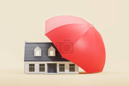 Photo for Cartoon family house under big red umbrella, beige background. Concept of coverage for real estate business or house insurance. 3D rendering illustration - Royalty Free Image
