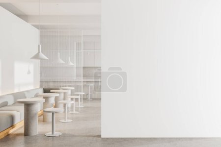 White cafeteria interior with dining zone with tables and chairs, sofa on concrete floor. Cozy cafe with bar counter and eating space. Mock up empty wall partition. 3D rendering