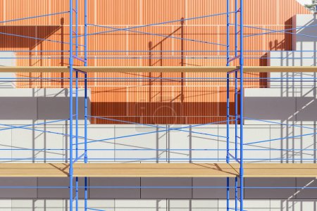 Photo for Scaffolding structure in front of building construction, realistic style, light background, concept of architecture and construction. 3D Rendering. - Royalty Free Image