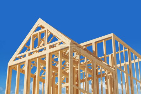 Marco de casa de madera en construcción sobre un fondo de cielo azul brillante, concepto de edificio de viviendas. Renderizado 3D. 