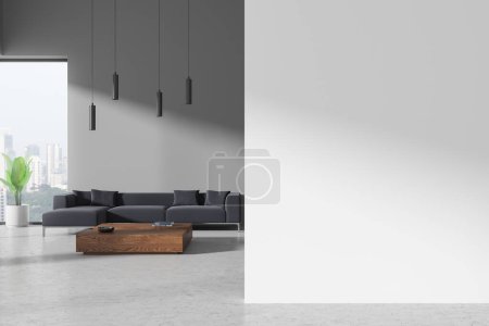 Minimalist home living room interior with sofa, coffee table with decoration and plant. Chill space with panoramic window on Singapore skyscrapers. Mock up copy space wall partition. 3D rendering