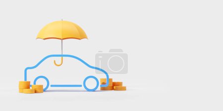Auto-Ikone mit Goldmünzen, gelber Regenschirm auf leerem Kopierraum-Hintergrund. Konzept der Versicherung, Kauf eines Fahrzeugs und Autoservice. 3D-Darstellung