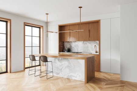 Intérieur de cuisine moderne avec armoires en bois et îlot de marbre, design minimaliste, dans une pièce lumineuse avec de grandes fenêtres, espace de vie élégant. Rendu 3D.