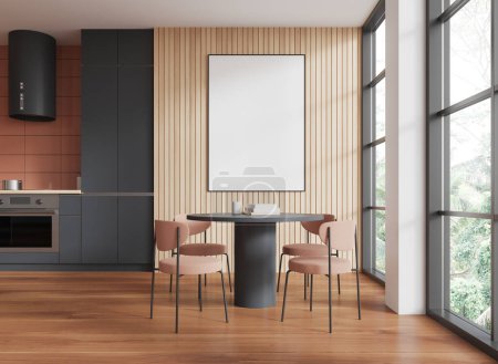 Moderner Essbereich mit blankem Poster, geräumige Küche mit Holzboden, helle Beleuchtung. Konzept des zeitgenössischen Wohndesigns. 3D-Rendering. 