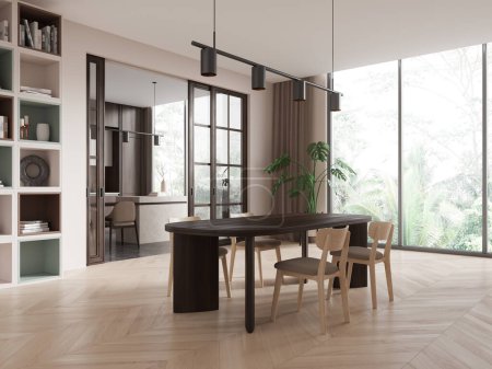 Modern dining room with wooden table and chairs, minimalist decor, large windows showcasing greenery, bright interior. Concept of contemporary living. 3D Rendering
