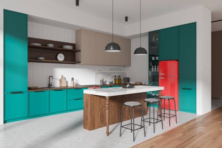 Photo for Corner view of eclectic home kitchen interior with bar island, cooking cabinet and red refrigerator on concrete floor. Colored dining space in modern apartment. 3D rendering - Royalty Free Image