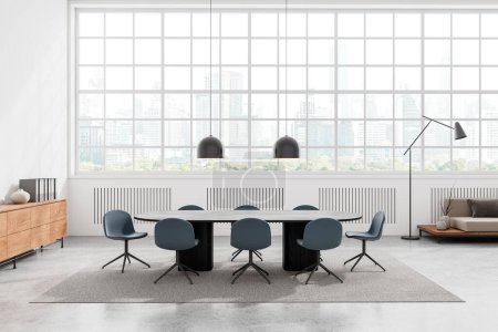 Foto de Espacio abierto interior de la sala de reuniones con tabla y sillas, alfombra en piso de hormigón gris. Aparador con espacio de relax, ventana panorámica de los rascacielos de Bangkok. Renderizado 3D - Imagen libre de derechos