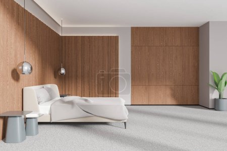 Minimalistisches Hotelschlafzimmer-Interieur mit Bett, Bettwäsche und Nachttisch mit Dekoration, Pflanze auf Teppich. Open Space Ruheraum mit Holzschrank. 3D-Rendering