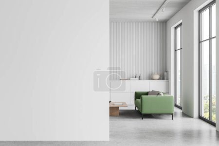 White business interior with soft place, green sofa and sideboard with decoration. Panoramic window on Bangkok skyscrapers. Mock up empty white wall partition. 3D rendering