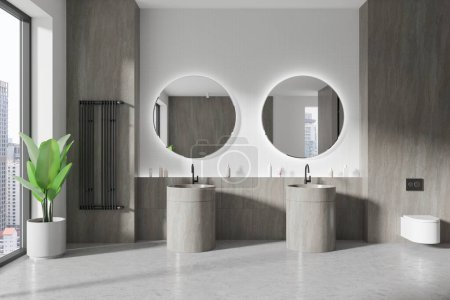 Elegant home bathroom interior with double sink and mirrors, wall hung toilet and towel rail. Modern bathing space with panoramic window on skyscrapers. 3D rendering