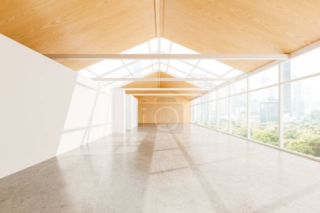 Foto de Amplia habitación minimalista con techo de madera y grandes ventanales, fondo de paisaje urbano, concepto de vida moderna, ambiente luminoso. Renderizado 3D - Imagen libre de derechos