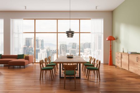 Moderno comedor con muebles de madera, sillas verdes, paisaje urbano visible a través de grandes ventanales, ambiente luminoso, escenario de día. Renderizado 3D
