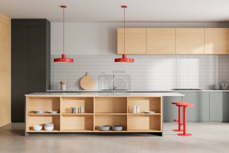 Téléchargez les photos : Maison de luxe cuisine intérieure avec îlot de bar avec tabouret rouge, étagères avec vaisselle et armoire de cuisson avec évier et cuisinière. Espace de cuisson coloré sur le sol en béton. rendu 3D - en image libre de droit