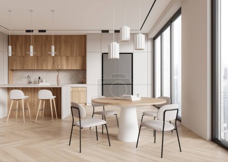 Téléchargez les photos : Salle à manger et cuisine modernes avec mobilier en bois clair et grandes fenêtres, style minimaliste, espace lumineux et aéré, concept de design d'intérieur contemporain. Rendu 3D - en image libre de droit