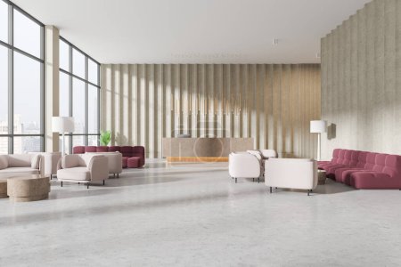 Cozy business interior with reception desk, sofa and armchairs on concrete floor. Hotel relaxing or waiting space with panoramic window on skyscrapers. 3D rendering