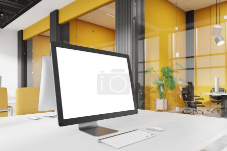 Téléchargez les photos : Corner view of workspace interior with pc computer on desk. Minimalist workplace in business loft with mock up copy space display and glass meeting room. 3D rendering - en image libre de droit