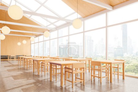 Modern cafeteria with wooden tables and chairs, large windows with a cityscape view, contemporary design, bright interior.  3D Rendering