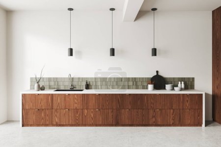 Intérieur de cuisine moderne avec armoires en bois, lumières suspendues et dosseret de tuiles, style minimaliste, fond clair, design élégant. Rendu 3D