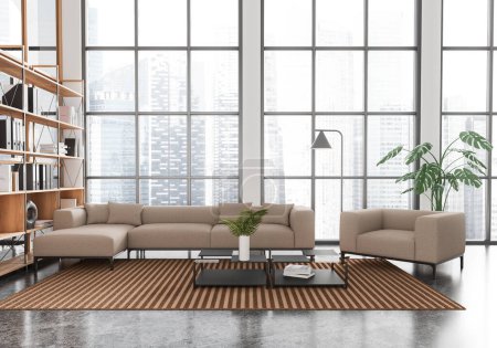 Modern business interior with soft place, sofa and armchair with coffee table. Waiting or relaxing space with shelf and panoramic window on Singapore skyscrapers. 3D rendering