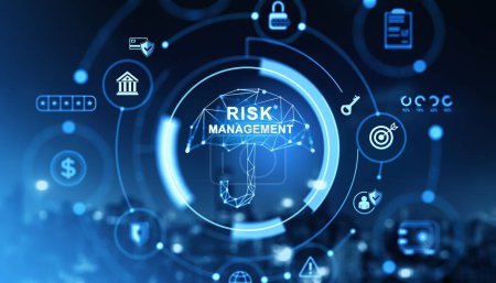 Risikomanagement-Dachhologramm, diverse Ikonen der Unternehmenssicherheit auf verschwommenem Skyline-Hintergrund. Konzept von finanzieller Sicherheit, Geldversicherung und Schutz