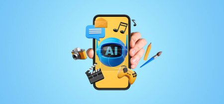 Man hand showing smartphone screen with AI bot. Creative services icons, generate images, video, music or texts. Concept of virtual assistant, art and technology