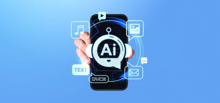 Man hand showing smartphone screen with AI bot hologram. Glowing creative services icons, generate images, video, music or texts. Concept of virtual assistant, art and technology