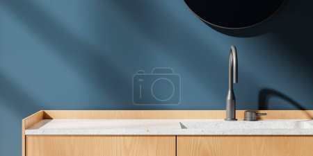 Minimalist bathroom interior with washbasin and mixer, wooden vanity with quartz counter. Empty copy space dark blue wall. Minimalist bathing area in modern apartment. 3D rendering