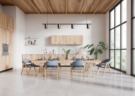A modern kitchen with wooden cabinets, dining table and chairs in a bright, airy space. Contemporary design. Light, spacious indoor environment.  3D Rendering
