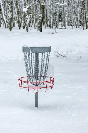 disc golf park, snow covered trees and tree branches, winter day, snow covered disc golf cart