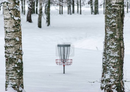 Téléchargez les photos : Parc de golf à disque, arbres enneigés et branches d'arbres, journée d'hiver, voiturette de golf à disque enneigée - en image libre de droit