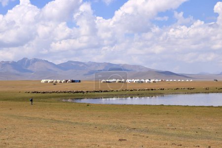 Téléchargez les photos : Vaste steppe kirghize, près du lac Songkol. Montagnes en arrière-plan au Kirghizistan - en image libre de droit