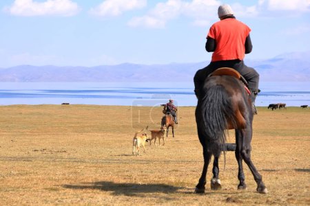 Photo for August 24 2023 - Song kol Lake in Kyrgyzstan: Locals play kok boru (ulak tartysh), traditional horse game, with leather dummy instead of a goat carcass - Royalty Free Image