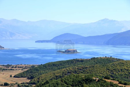 Albania - the Prespa National Park- Lake Prespa with Maligrad Island - Greece and Macedonia in the background