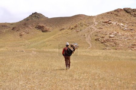 Foto de 27 de agosto de 2023 - Bokonbayevo, provincia de Issyk Kul, Kirguistán: Los cazadores de águila kirguisos muestran una cacería de águila - Imagen libre de derechos