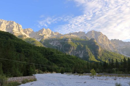 Panoramic view of raw mountain landscapes from the Albanian Alps between Theth and Valbona in Albania