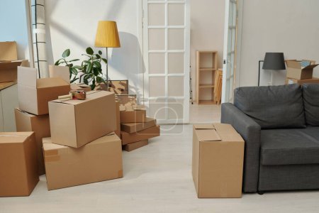 Téléchargez les photos : Image horizontale d'un appartement moderne avec des boîtes emballées pour déménager dans une nouvelle maison - en image libre de droit