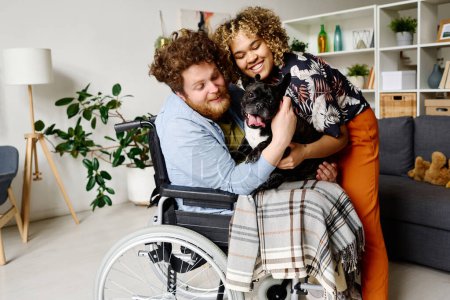 Young bearded man in wheelchair spending rehabilitation at home together with his wife and lovely dog