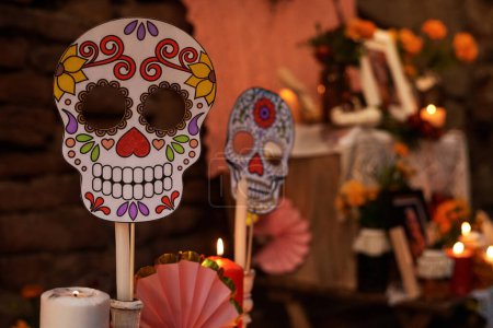 Close-up of painted skulls for the mexican holiday in honour of day of dead