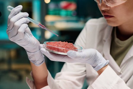 Chercheuse qui ajoute du liquide rose à un échantillon de viande à l'aide d'une pipette travaillant en laboratoire