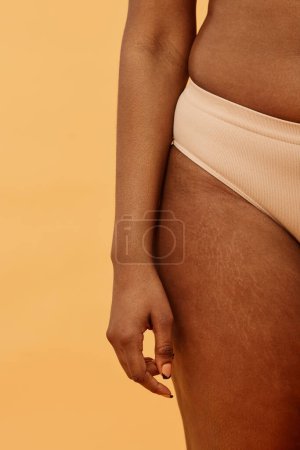 Foto de Estudio conceptual plano de la parte del cuerpo de la mujer negra irreconocible en ropa interior, espacio de copia - Imagen libre de derechos