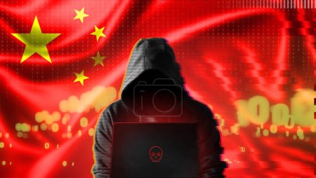 Foto de La amenaza cibernética de China. Un hacker chino en una computadora en el fondo de los colores de la bandera de China. DDoS ataque. - Imagen libre de derechos