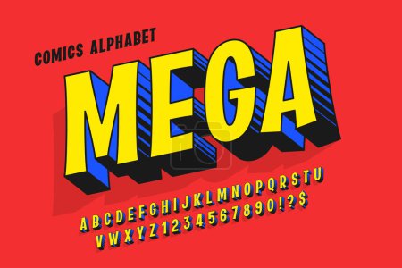 Alphabet comique 3D original, jeu de caractères rétro. Des lettres colorées. 12 degrés asymétrique