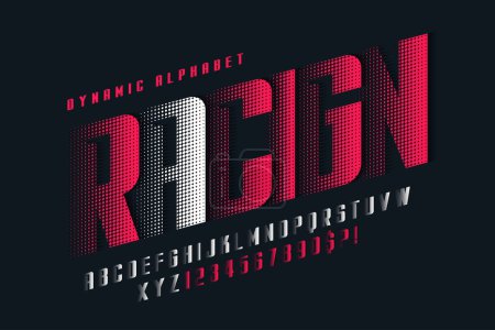 Racing alphabet design, dynamic typeface, letters and numbers. Swatch color control. 15 degree skew