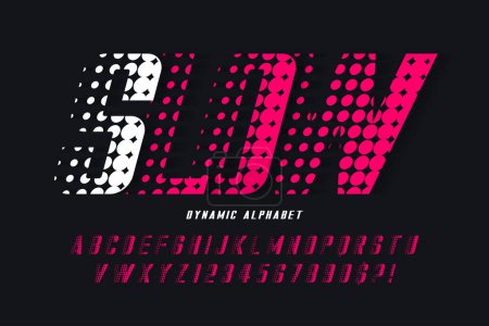 Racing alphabet design, dynamic typeface, letters and numbers. Swatch color control. 15 degree skew