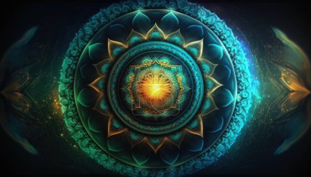 Téléchargez les photos : Teal mandala energy, lotus, fleur de vie, yoga oriental, chakra abstract, - en image libre de droit