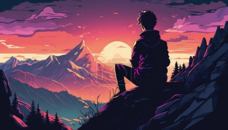 Téléchargez les photos : Jeune homme assis sur une montagne, coucher de soleil - en image libre de droit