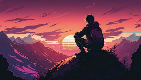 Téléchargez les photos : Jeune homme assis sur une montagne, coucher de soleil - en image libre de droit